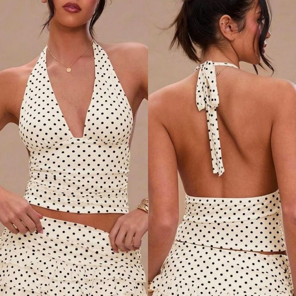 💬🔸️🅰️NWOT Ivory w/Black Polka Dot Halter Top XSmall